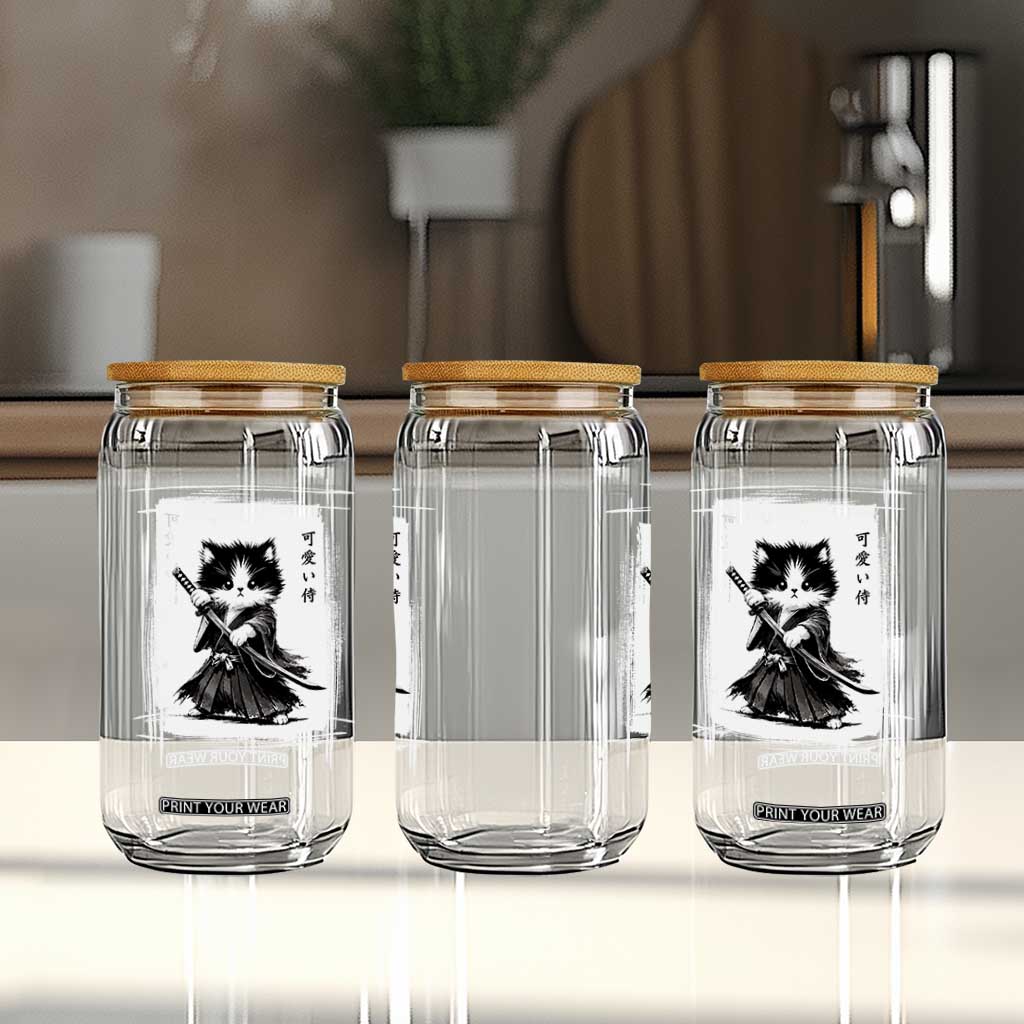 Vintage Japanese Art Samurai Cat Glass Can Sumie Kawaii Cat Lover Gift