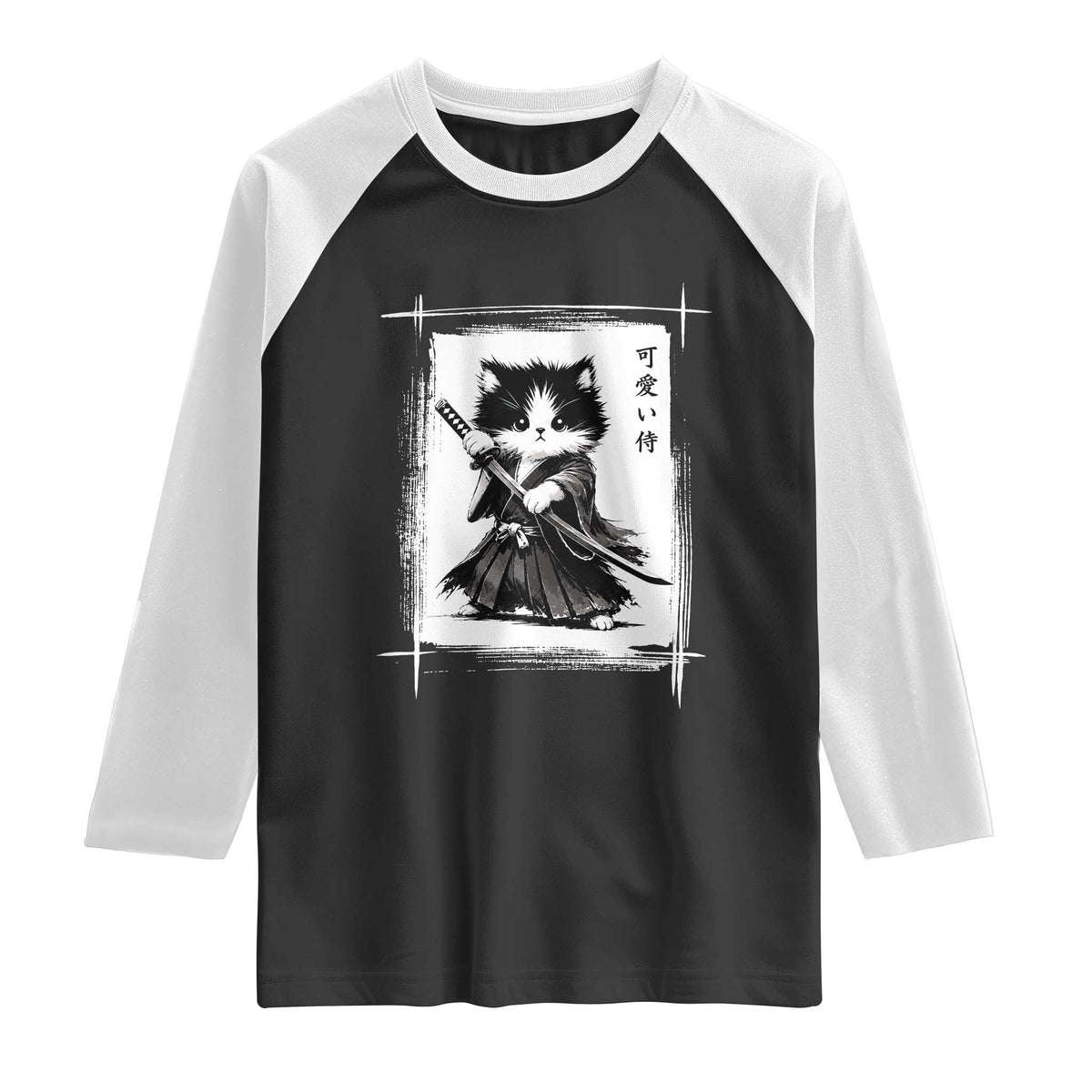Vintage Japanese Art Samurai Cat Raglan Shirt Sumie Kawaii Cat Lover Gift