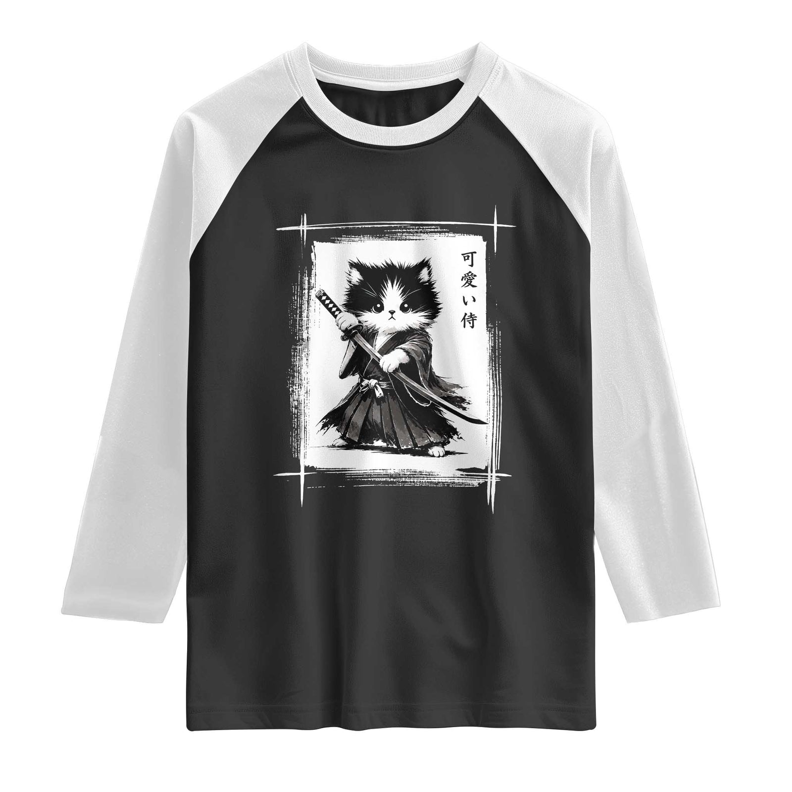 Vintage Japanese Art Samurai Cat Raglan Shirt Sumie Kawaii Cat Lover Gift TS12 Black White Print Your Wear