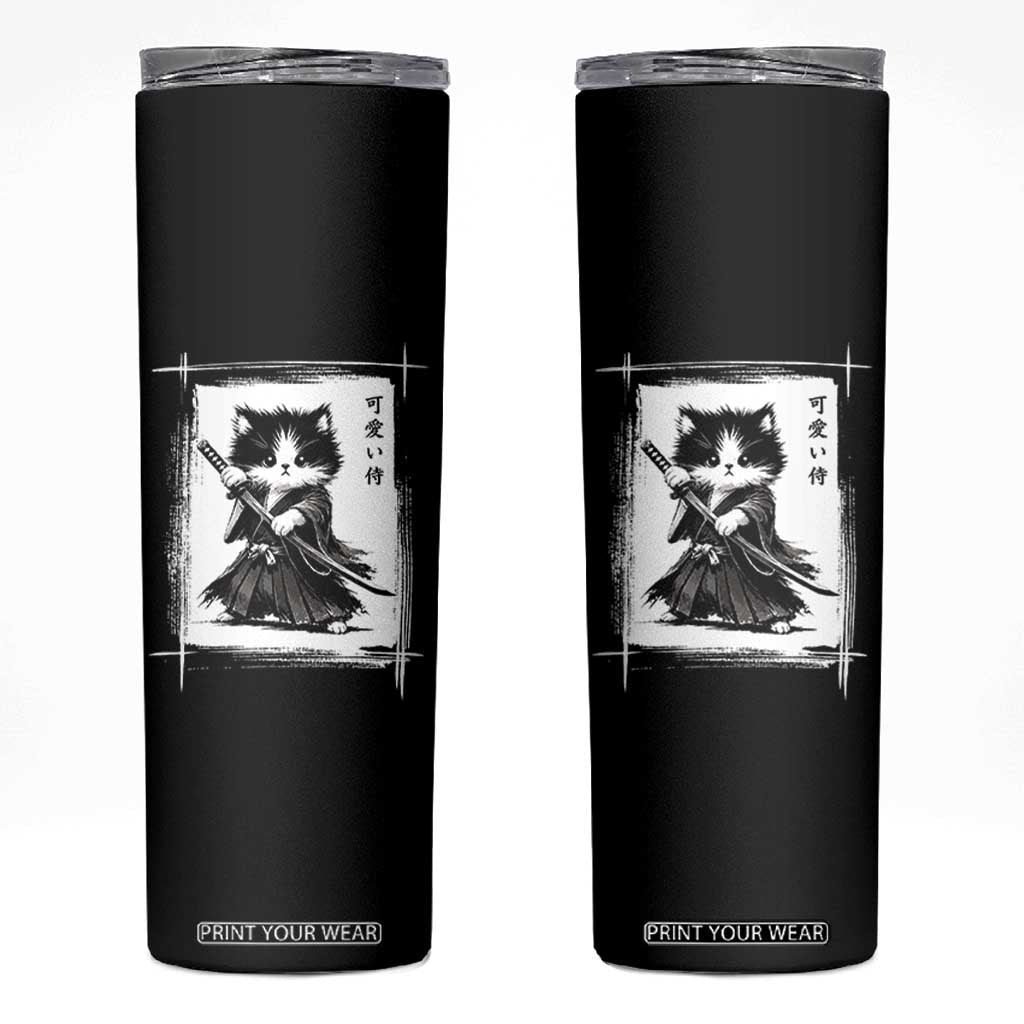 Vintage Japanese Art Samurai Cat Skinny Tumbler Sumie Kawaii Cat Lover Gift