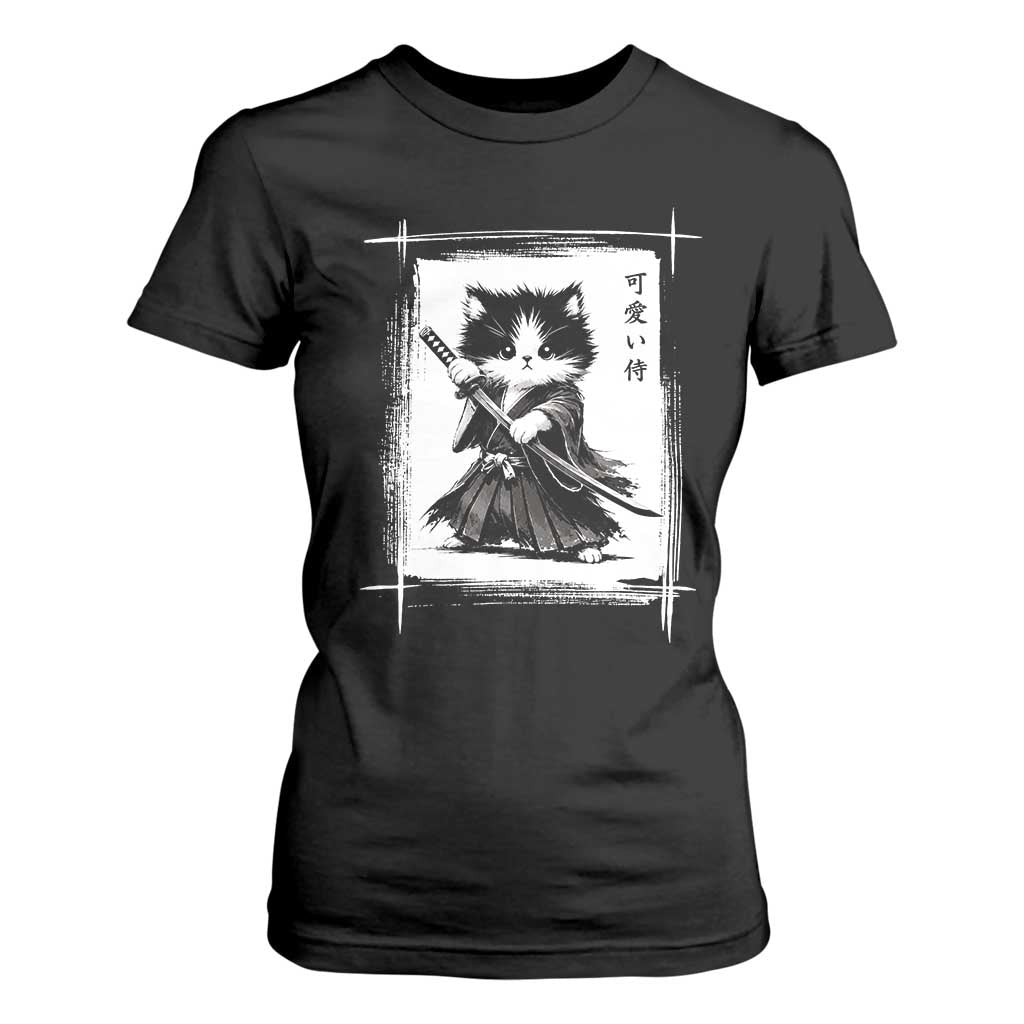 Vintage Japanese Art Samurai Cat T Shirt For Women Sumie Kawaii Cat Lover Gift