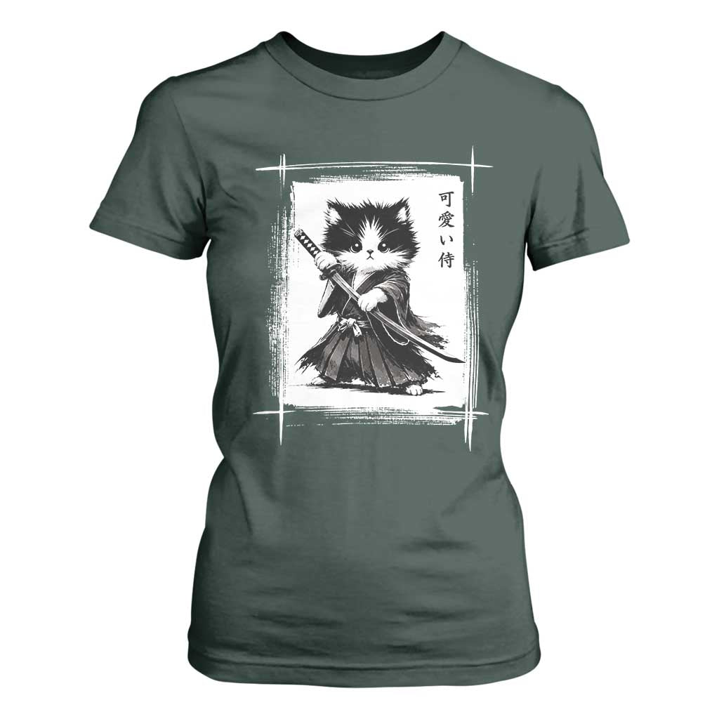 Vintage Japanese Art Samurai Cat T Shirt For Women Sumie Kawaii Cat Lover Gift