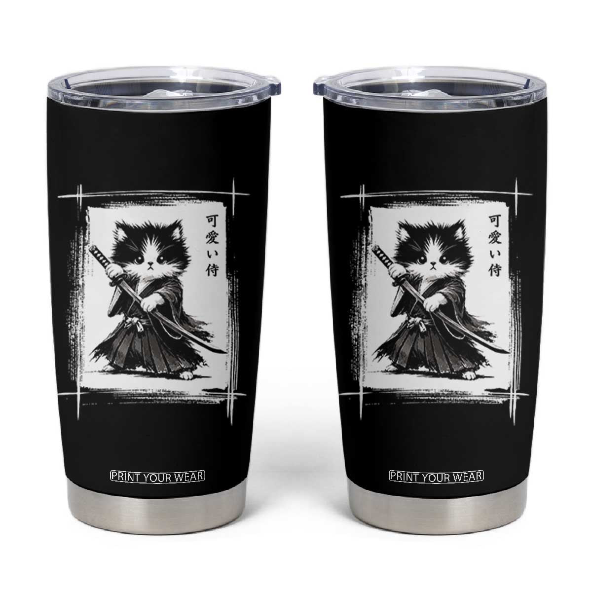 Vintage Japanese Art Samurai Cat Tumbler Cup Sumie Kawaii Cat Lover Gift