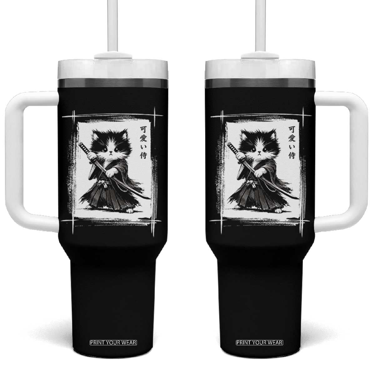 Vintage Japanese Art Samurai Cat Tumbler With Handle Sumie Kawaii Cat Lover Gift