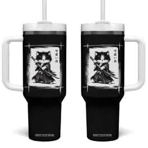 Vintage Japanese Art Samurai Cat Tumbler With Handle Sumie Kawaii Cat Lover Gift