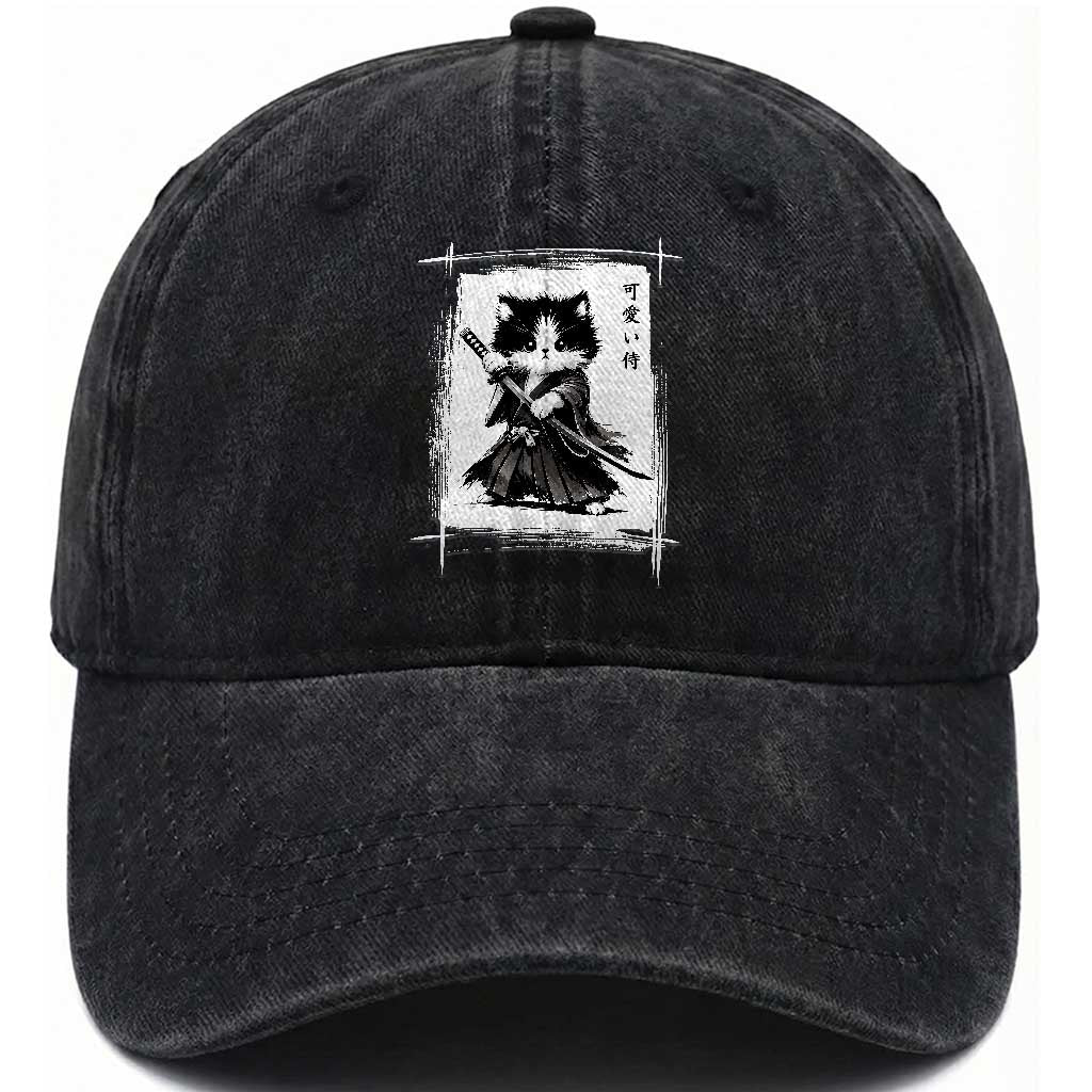 Vintage Japanese Art Samurai Cat Washed Cotton Baseball Cap Sumie Kawaii Cat Lover Gift TS12 Print Your Wear