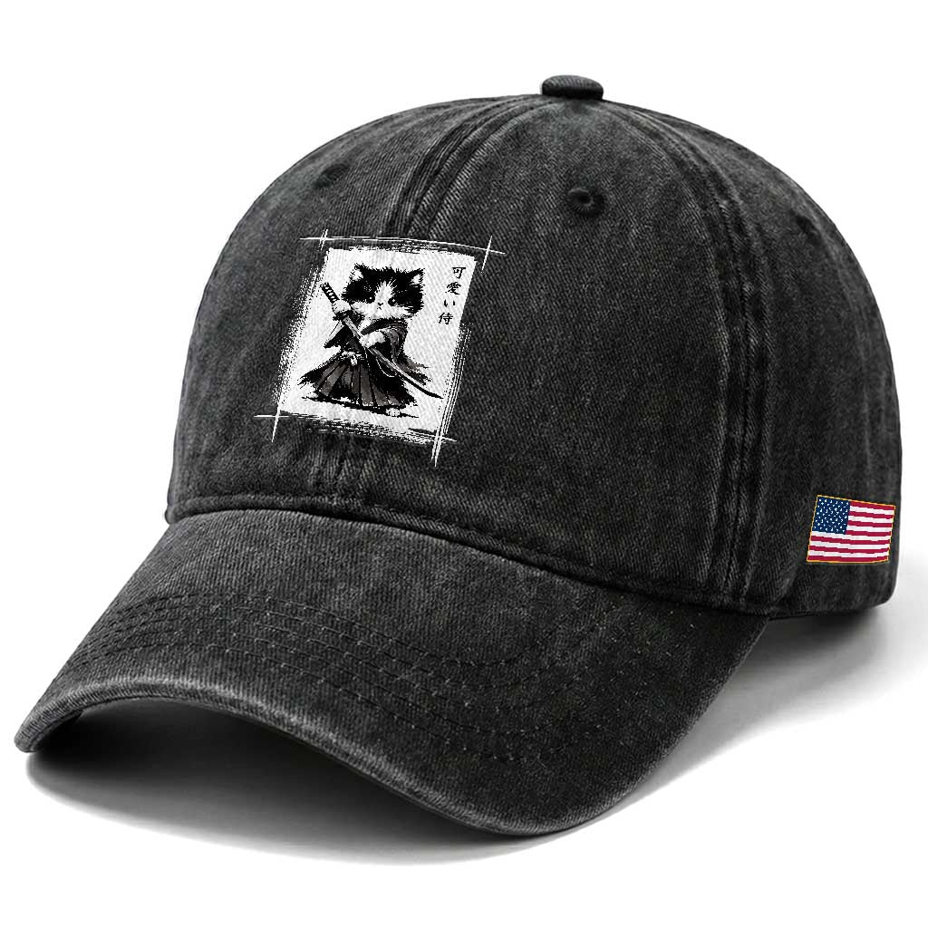 Vintage Japanese Art Samurai Cat Washed Cotton Baseball Cap Sumie Kawaii Cat Lover Gift TS12 Print Your Wear