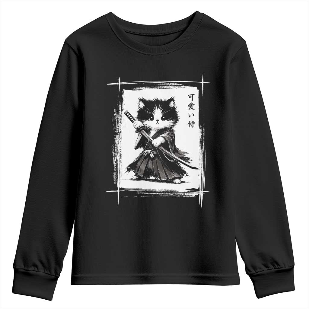 Vintage Japanese Art Samurai Cat Youth Sweatshirt Sumie Kawaii Cat Lover Gift
