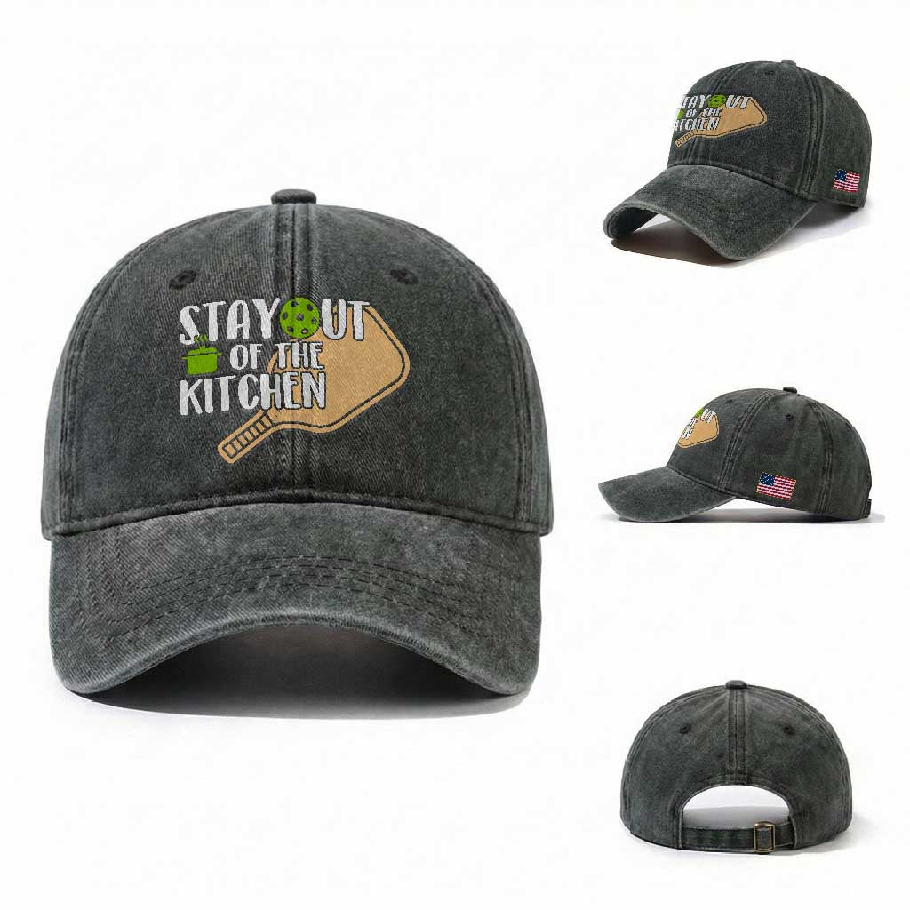 Funny Pickleball Washed Cotton Baseball Cap Stay Out Of The Kitchen TS12 Washed Cap Universal Fit Dark Green Print Your Wear