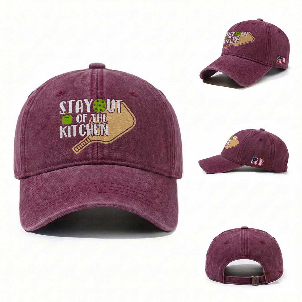 Funny Pickleball Washed Cotton Baseball Cap Stay Out Of The Kitchen TS12 Washed Cap Universal Fit Burgundy Print Your Wear