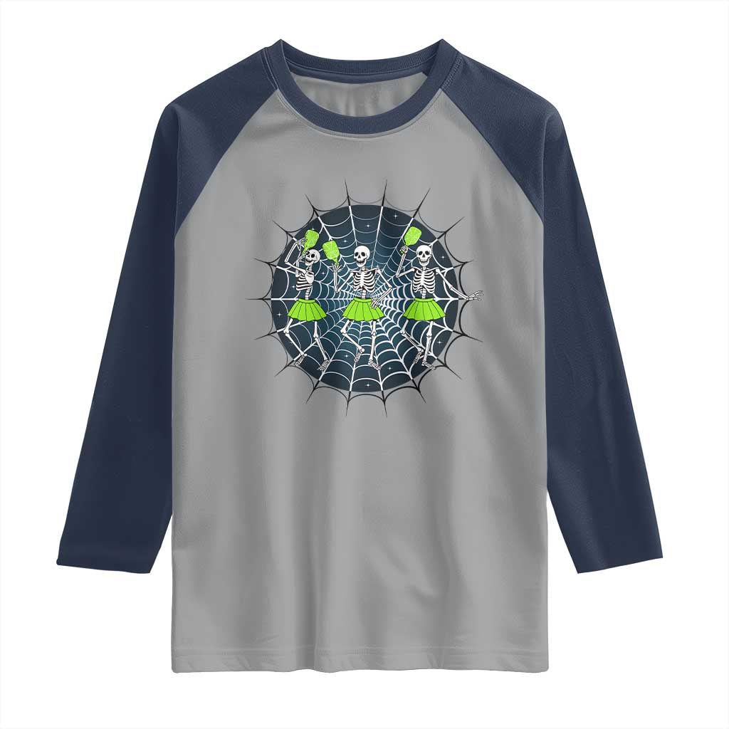 Funny Dancing Skeletons Raglan Shirt Pickleball Halloween Gift TS12 Sport Gray Navy Print Your Wear