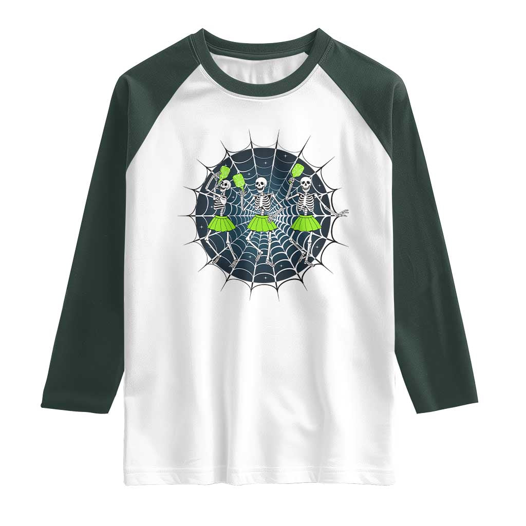 Funny Dancing Skeletons Raglan Shirt Pickleball Halloween Gift TS12 White Dark Forest Green Print Your Wear