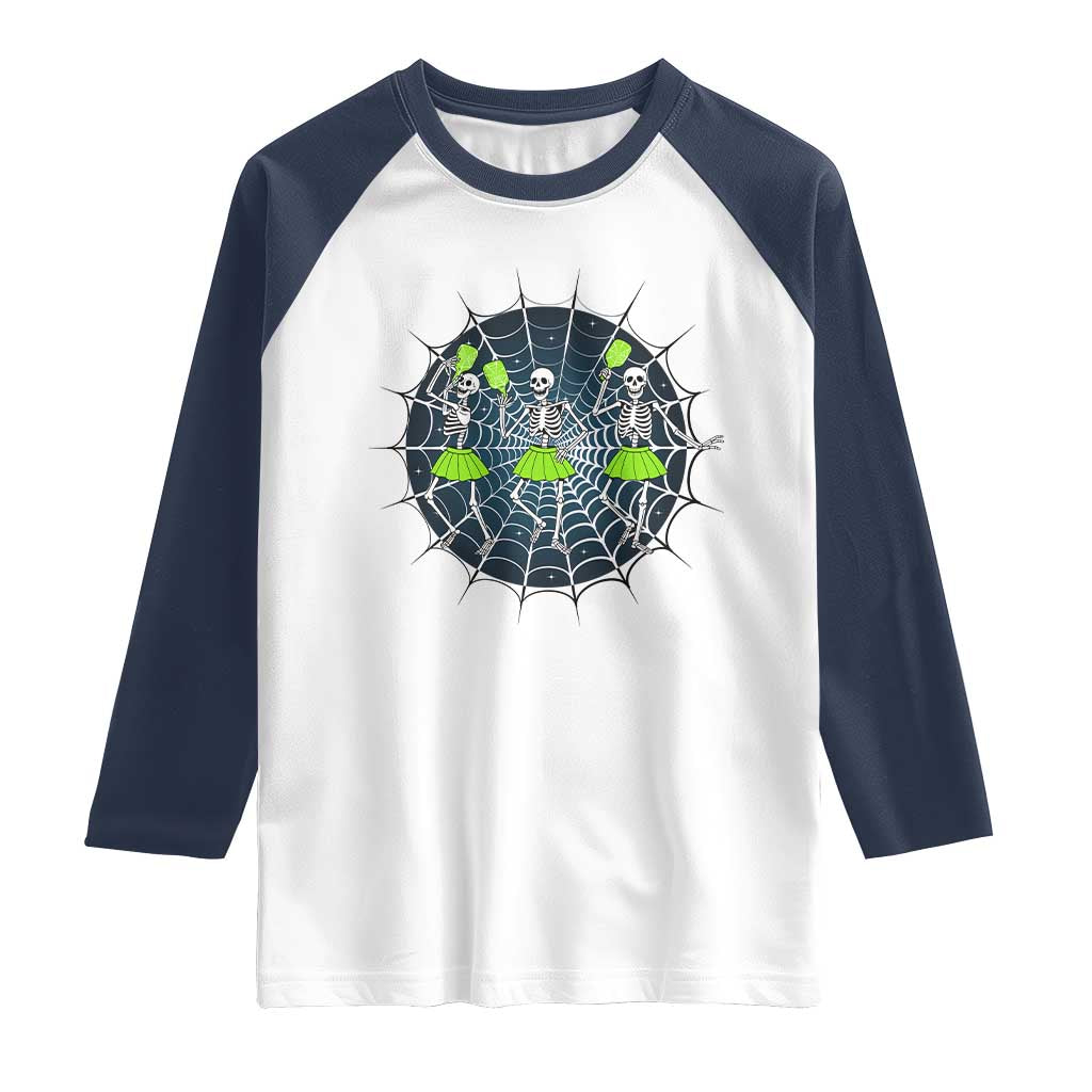 Funny Dancing Skeletons Raglan Shirt Pickleball Halloween Gift TS12 White Navy Print Your Wear
