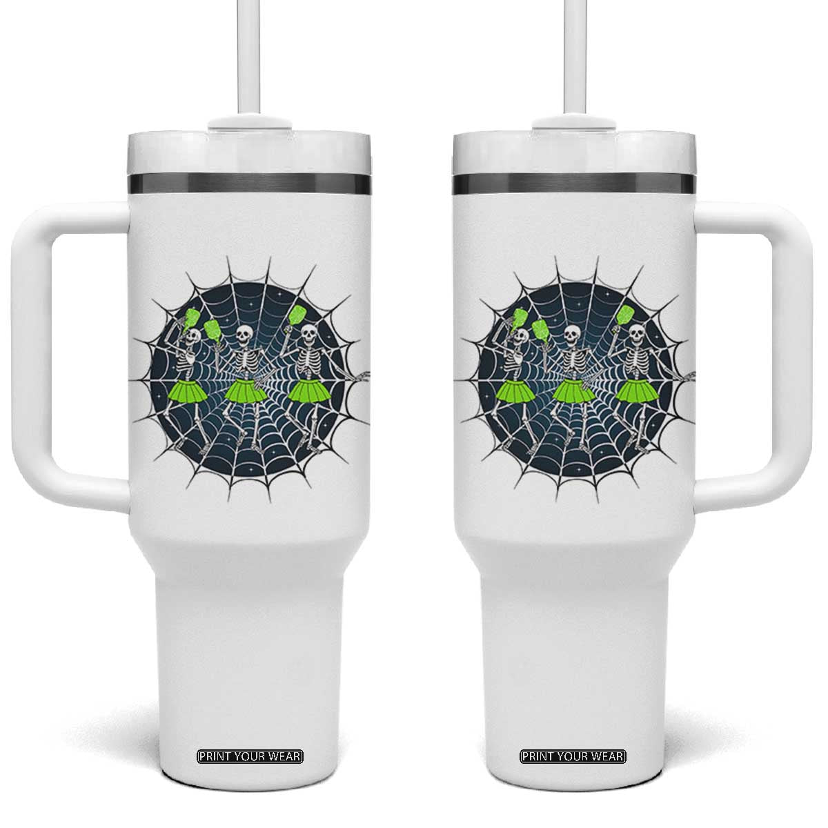 Funny Dancing Skeletons Tumbler With Handle Pickleball Halloween Gift TS12 One Size: 40 oz White Print Your Wear