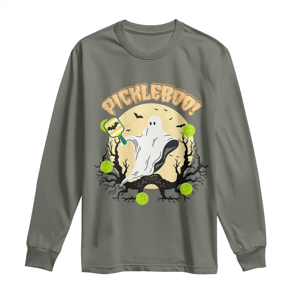 Funny Halloween Pickleball Long Sleeve Shirt Pickleboo Ghost Costume TS12 Military Green Print Your Wear