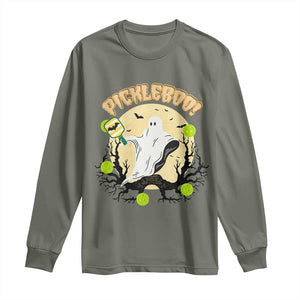 Funny Halloween Pickleball Long Sleeve Shirt Pickleboo Ghost Costume TS12 Military Green Print Your Wear