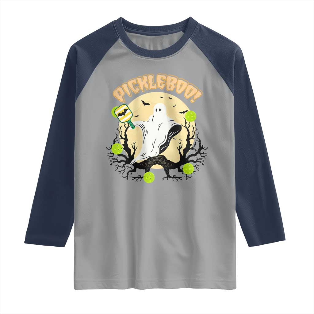 Funny Halloween Pickleball Raglan Shirt Pickleboo Ghost Costume TS12 Sport Gray Navy Print Your Wear