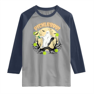 Funny Halloween Pickleball Raglan Shirt Pickleboo Ghost Costume TS12 Sport Gray Navy Print Your Wear