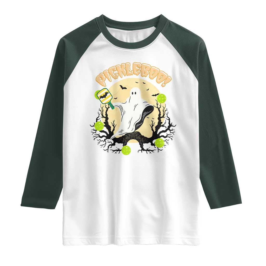 Funny Halloween Pickleball Raglan Shirt Pickleboo Ghost Costume TS12 White Dark Forest Green Print Your Wear