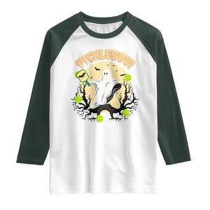 Funny Halloween Pickleball Raglan Shirt Pickleboo Ghost Costume TS12 White Dark Forest Green Print Your Wear