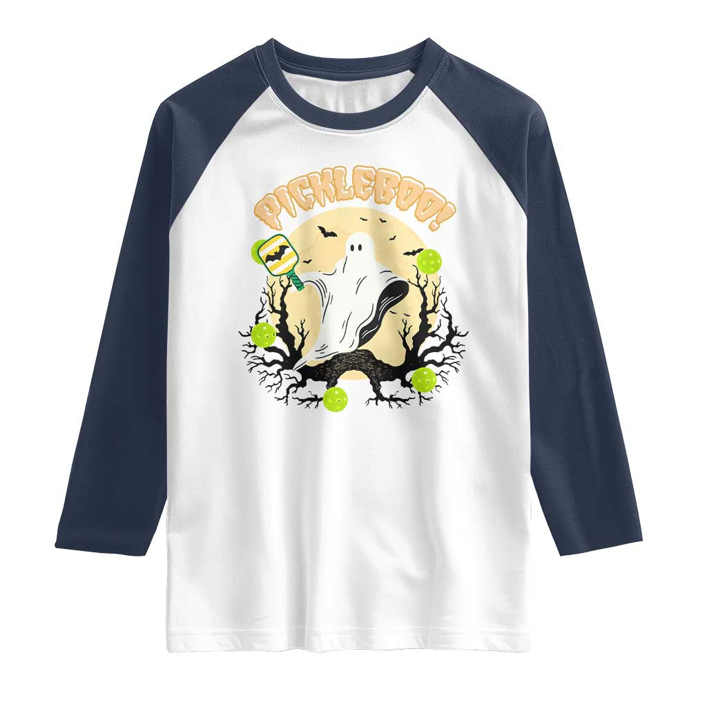 Funny Halloween Pickleball Raglan Shirt Pickleboo Ghost Costume TS12 White Navy Print Your Wear