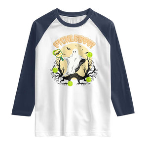 Funny Halloween Pickleball Raglan Shirt Pickleboo Ghost Costume TS12 White Navy Print Your Wear