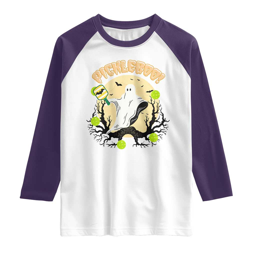 Funny Halloween Pickleball Raglan Shirt Pickleboo Ghost Costume TS12 White Purple Print Your Wear