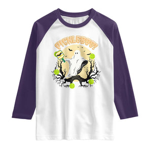Funny Halloween Pickleball Raglan Shirt Pickleboo Ghost Costume TS12 White Purple Print Your Wear
