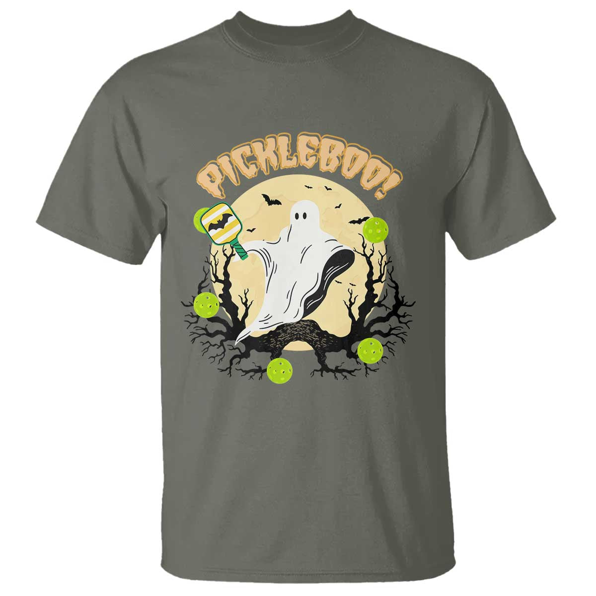 Funny Halloween Pickleball T Shirt Pickleboo Ghost Costume TS12 Military Green Print Your Wear