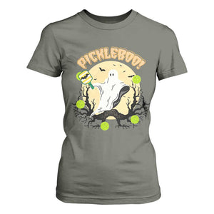 Funny Halloween Pickleball T Shirt For Women Pickleboo Ghost Costume TS12 Military Green Print Your Wear