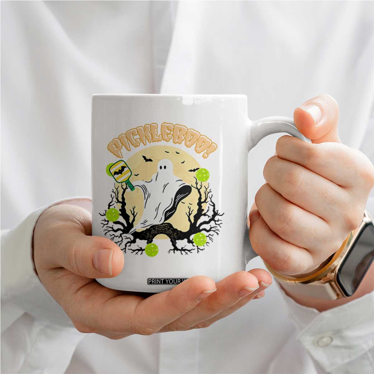 Funny Halloween Pickleball Coffee Mug Pickleboo Ghost Costume TS12 Print Your Wear