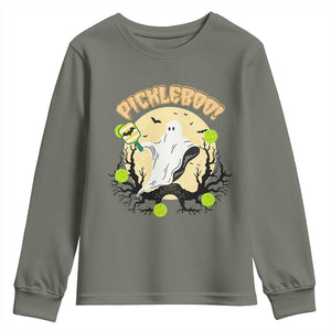 Funny Halloween Pickleball Youth Sweatshirt Pickleboo Ghost Costume TS12 Military Green Print Your Wear