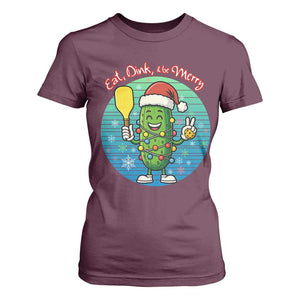 Funny Pickleball Christmas T Shirt For Women Eat Dink And Be Merry Gift For Players TS12 Maroon Print Your Wear