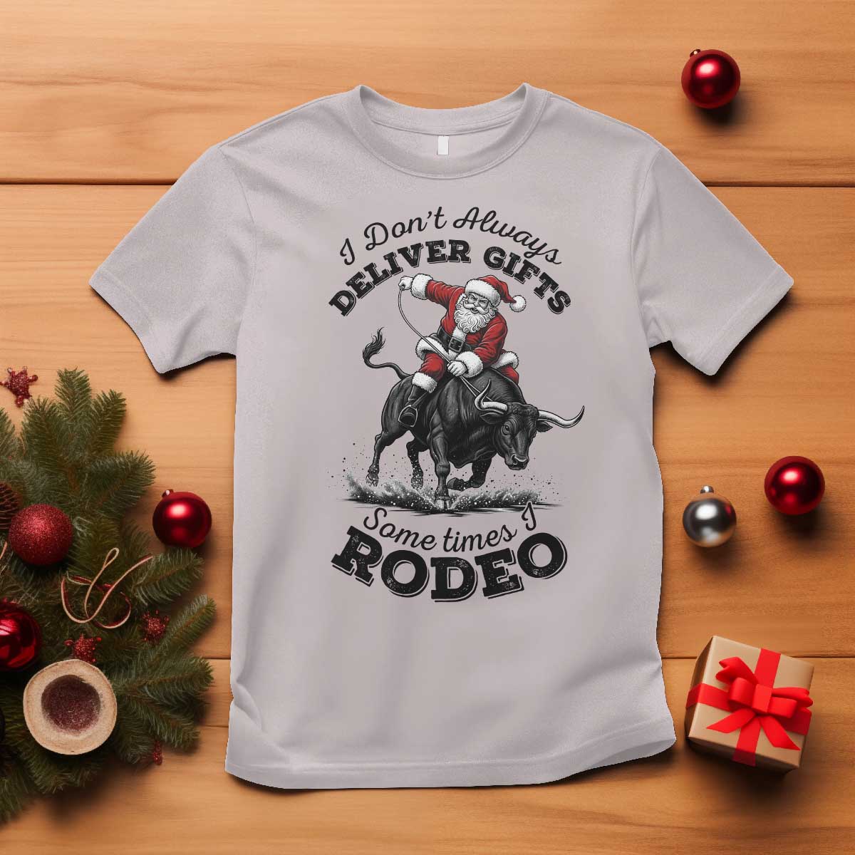Funny Black Santa Cowboy Bull Rider Christmas T Shirt I Do Not Deliver Gifts I Rodeo TS12 Ice Gray Print Your Wear