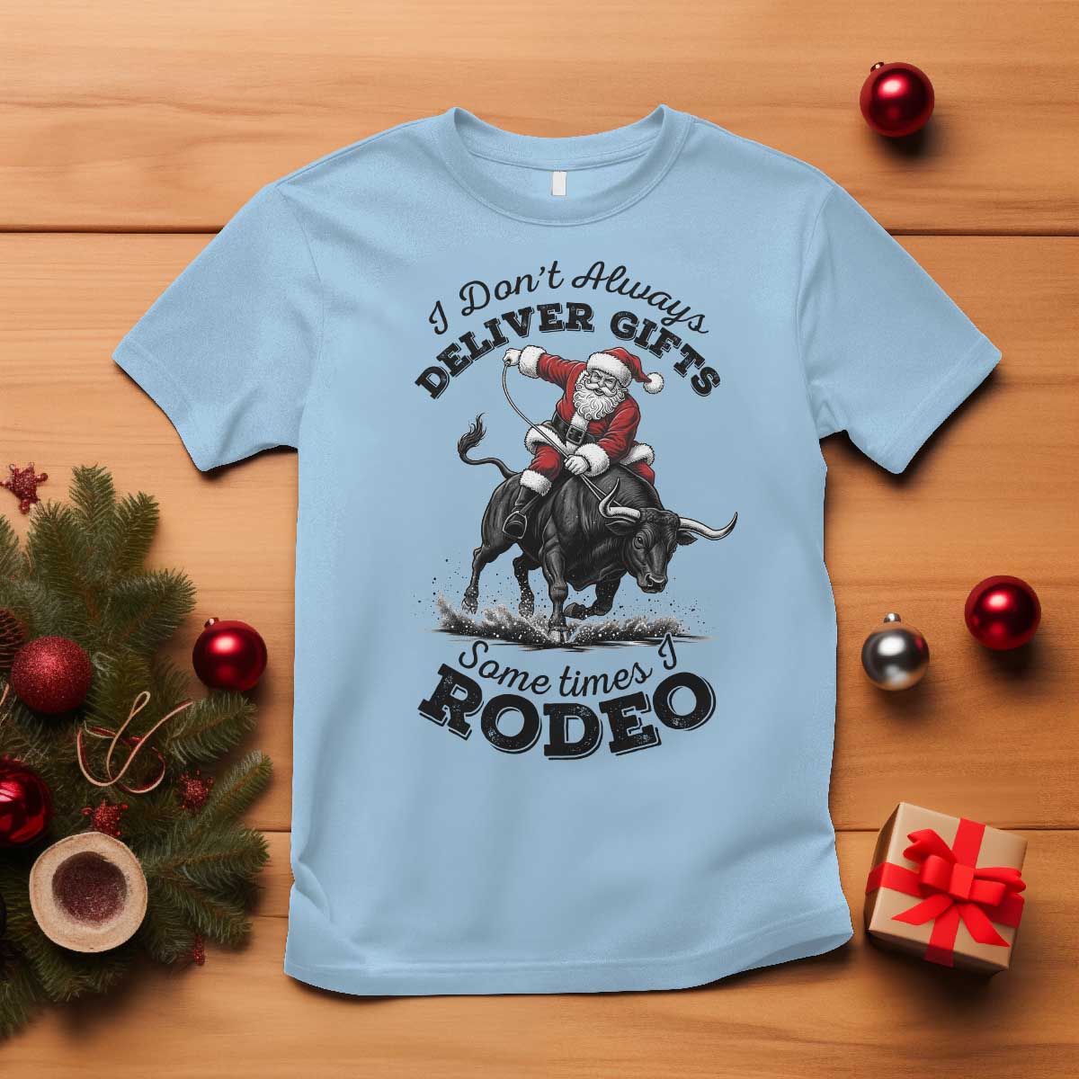 Funny Black Santa Cowboy Bull Rider Christmas T Shirt I Do Not Deliver Gifts I Rodeo TS12 Light Blue Print Your Wear