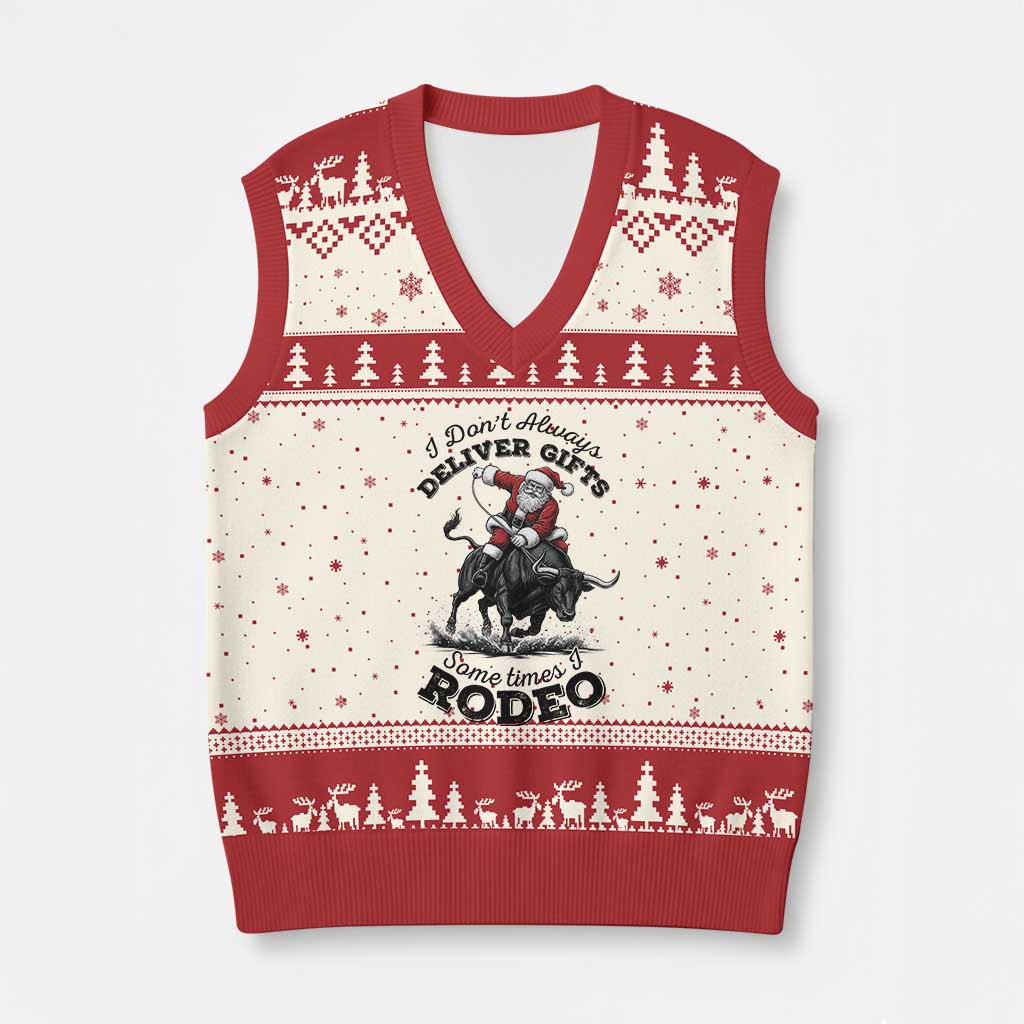 Funny Black Santa Cowboy Bull Rider Xmas V-Neck Knit Sweater Vest I Do Not Deliver Gifts I Rodeo TS12 Beige Red Print Your Wear