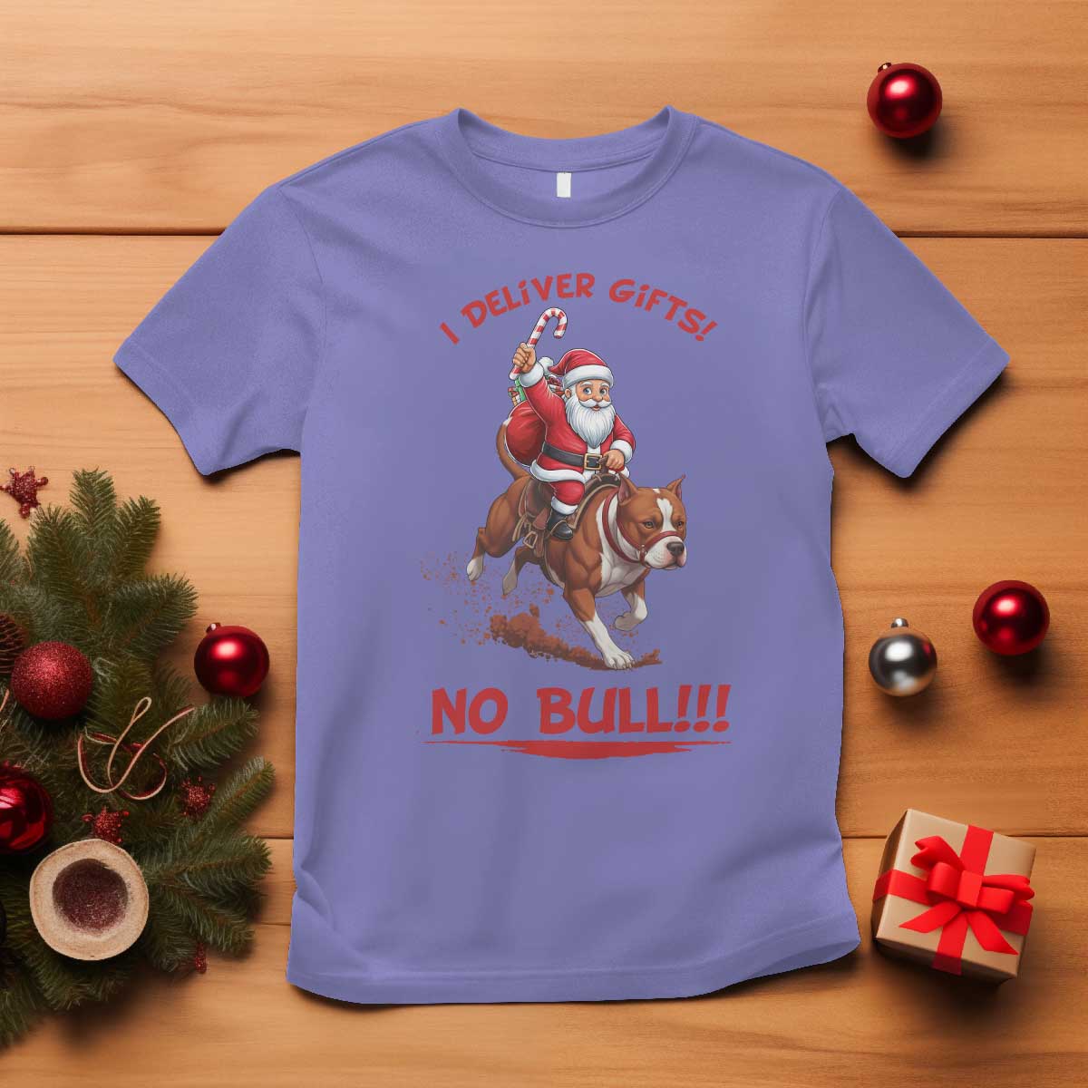 Funny Santa Pitbull Christmas T Shirt I Deliver Gifts No Bull TS12 Violet Print Your Wear