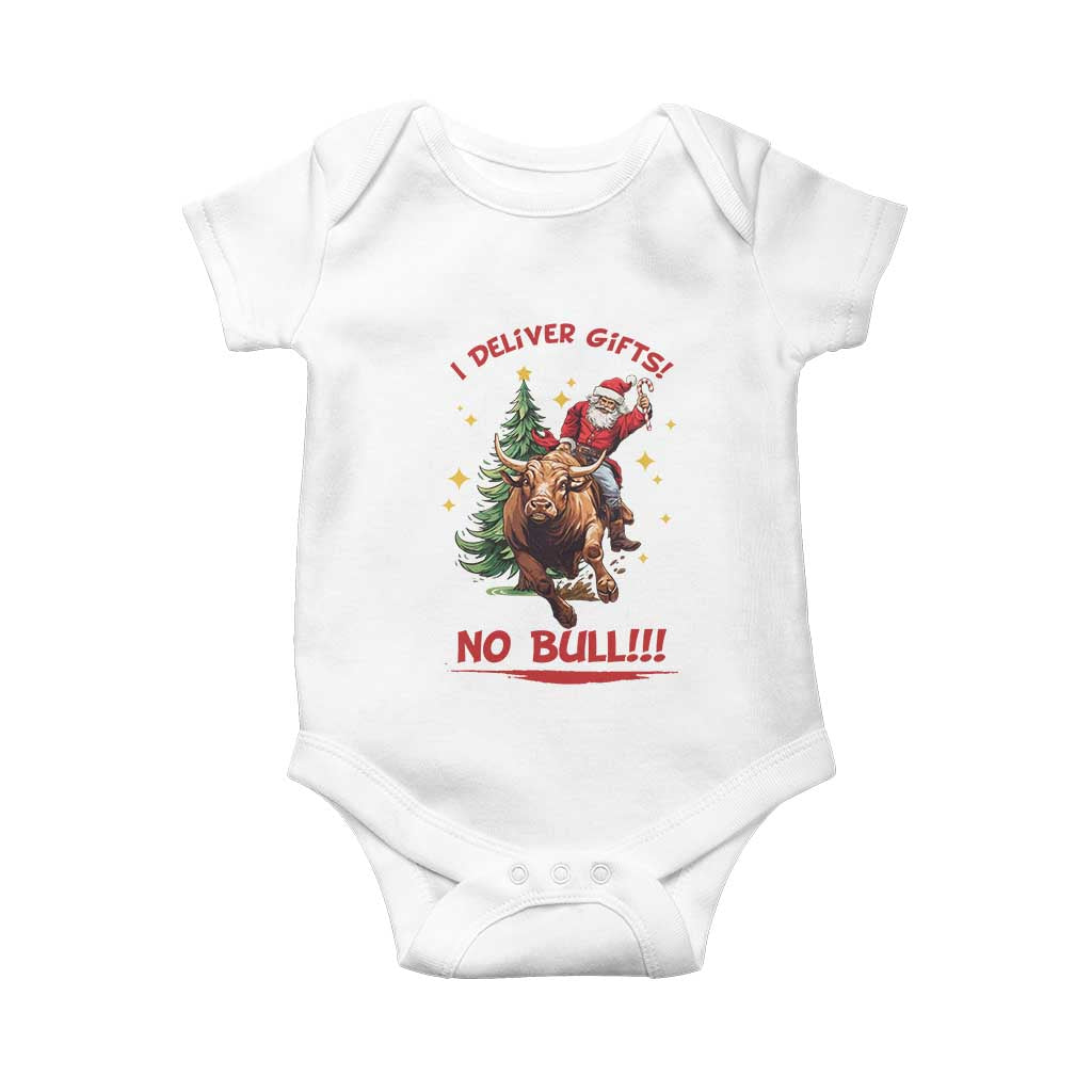 Funny Black Santa Bull Riding Christmas Baby Onesie I Deliver Gifts No Bull TS12 White Print Your Wear