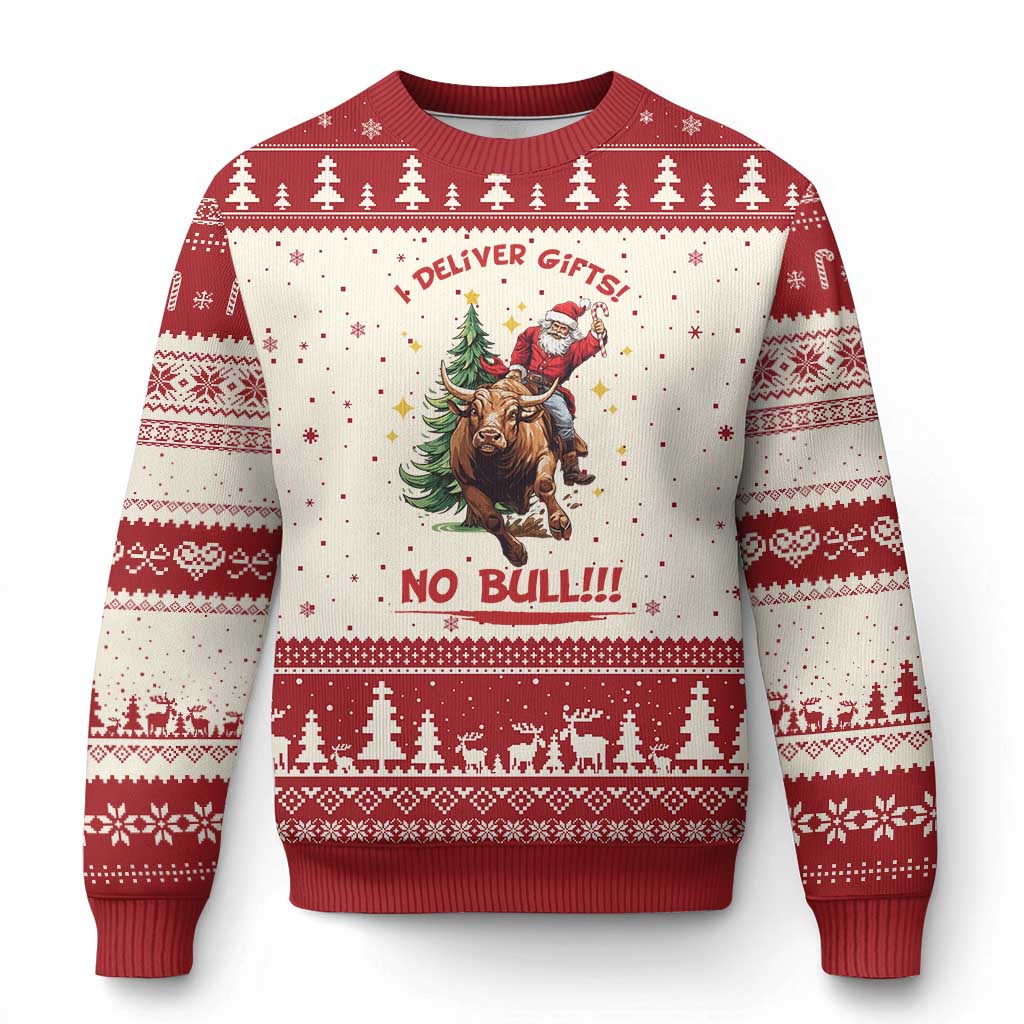 Funny Black Santa Bull Riding Xmas Ugly Christmas Sweater I Deliver Gifts No Bull TS12 Beige Red Print Your Wear