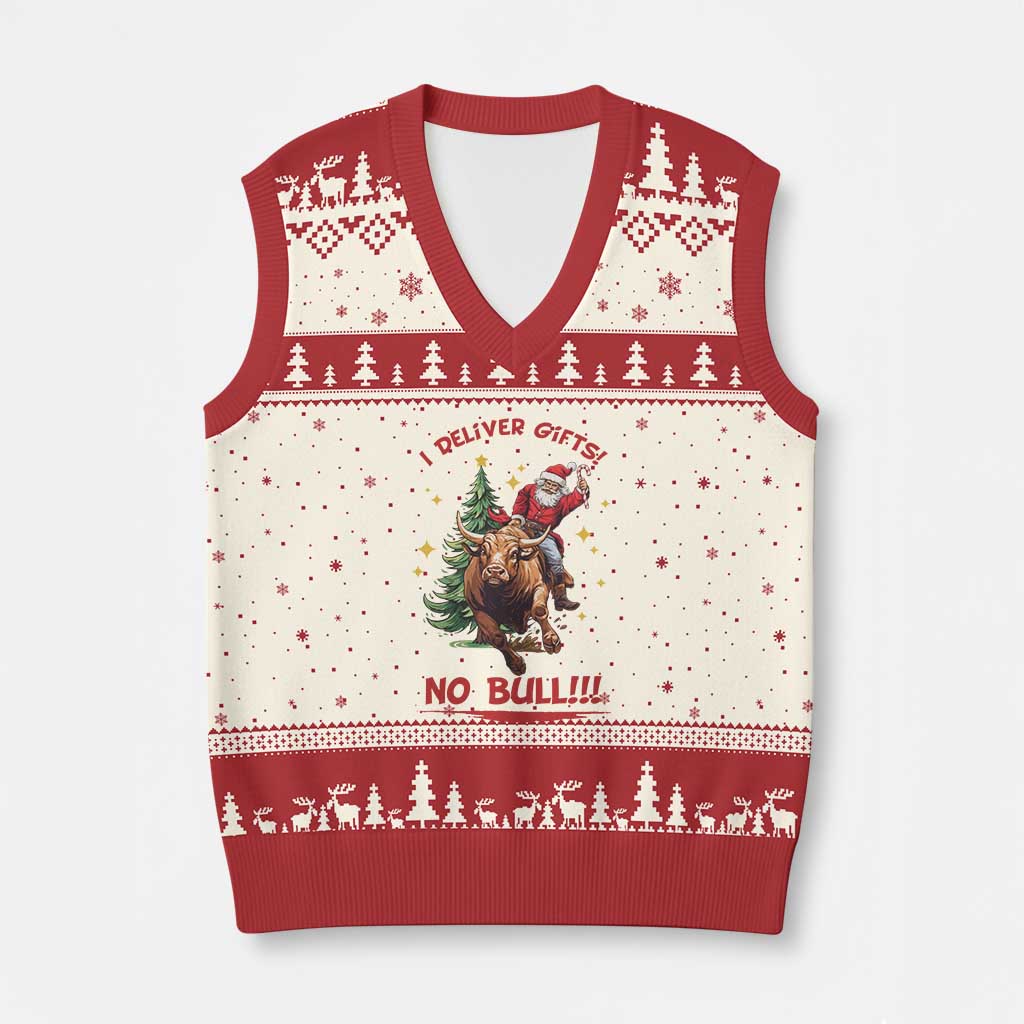 Funny Black Santa Bull Riding Xmas V-Neck Knit Sweater Vest I Deliver Gifts No Bull TS12 Beige Red Print Your Wear