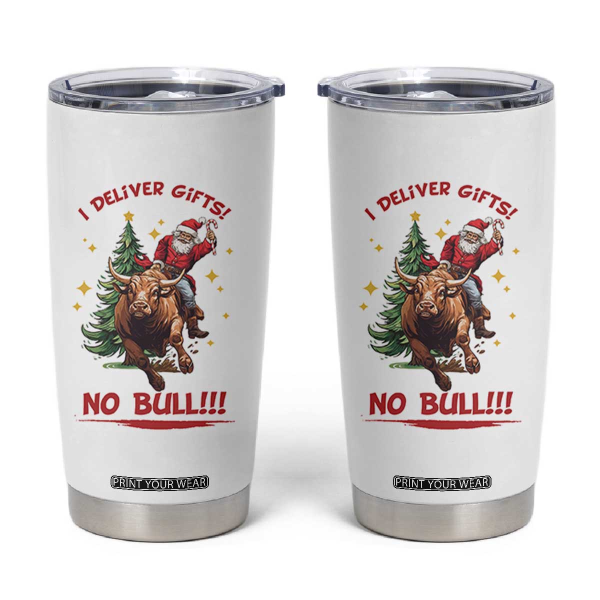 Funny Black Santa Bull Riding Christmas Tumbler Cup I Deliver Gifts No Bull TS12 White Print Your Wear