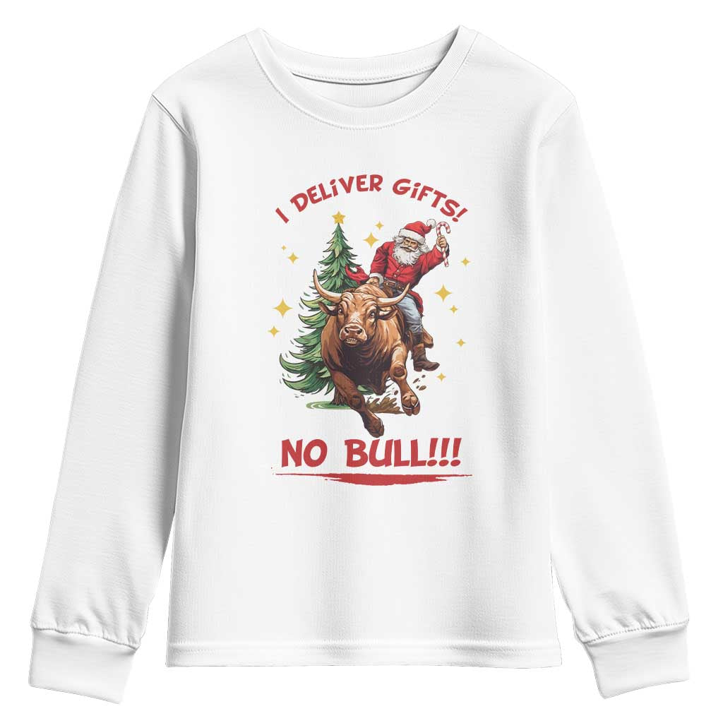 Funny Black Santa Bull Riding Christmas Youth Sweatshirt I Deliver Gifts No Bull TS12 White Print Your Wear
