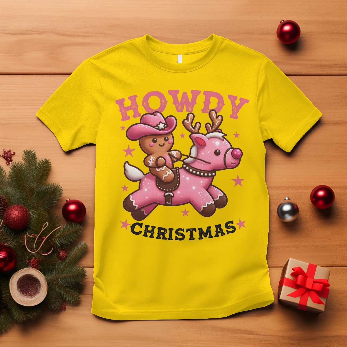 Howdy Christmas T Shirt Funny Gingerbread Cowboy Riding Reindeer Gift For Girl TS12 Daisy Print Your Wear