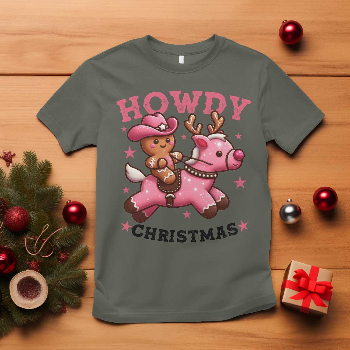 Howdy Christmas T Shirt Funny Gingerbread Cowboy Riding Reindeer Gift For Girl TS12 Military Green Print Your Wear