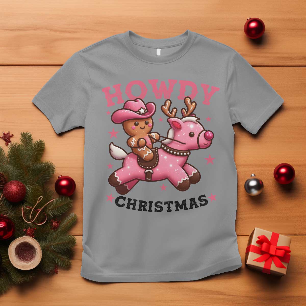 Howdy Christmas T Shirt Funny Gingerbread Cowboy Riding Reindeer Gift For Girl TS12 Sport Gray Print Your Wear