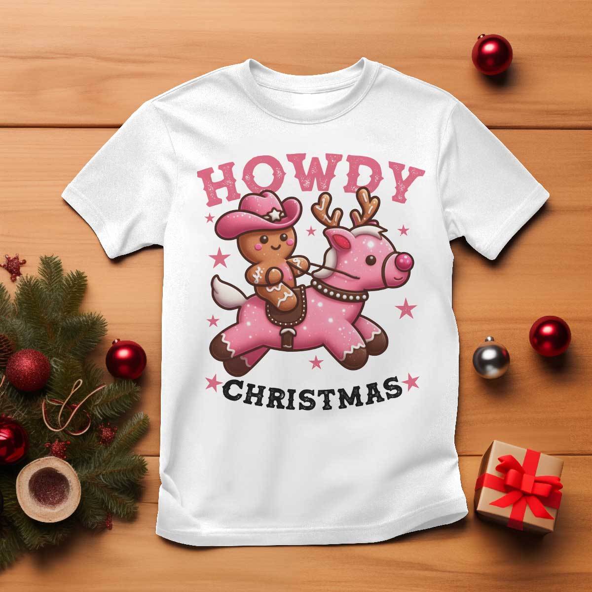 Howdy Christmas T Shirt Funny Gingerbread Cowboy Riding Reindeer Gift For Girl TS12 White Print Your Wear