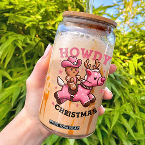 Howdy Christmas Glass Can Funny Gingerbread Cowboy Riding Reindeer Gift For Girl TS12 White Print Your Wear