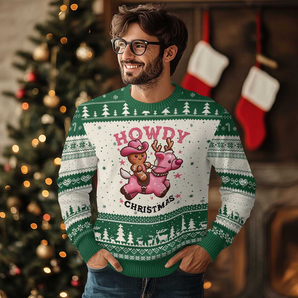 Howdy Xmas Ugly Christmas Sweater Funny Gingerbread Cowboy Riding Reindeer Gift For Girl TS12 Beige Green Print Your Wear