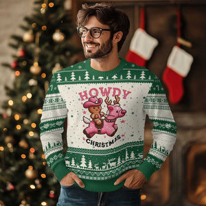 Howdy Xmas Ugly Christmas Sweater Funny Gingerbread Cowboy Riding Reindeer Gift For Girl TS12 Beige Green Print Your Wear
