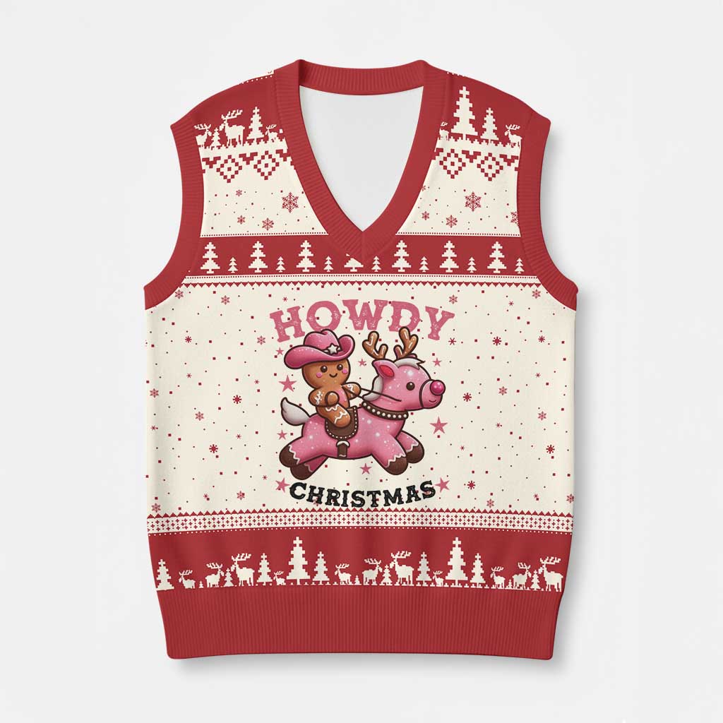 Howdy Xmas V-Neck Knit Sweater Vest Funny Gingerbread Cowboy Riding Reindeer Gift For Girl TS12 Beige Red Print Your Wear